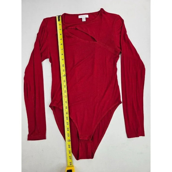 Topshop Sz 8-10 Womens Red Long Sleeve Chest Slit Snap Bodysuit Viscose Elastane - Picture 9 of 10